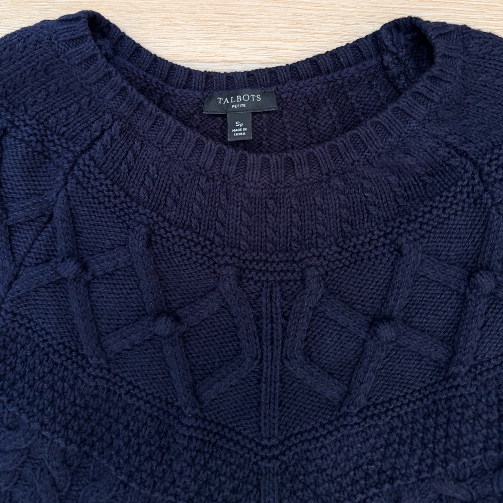 Talbots Petite Cable Knit Sweater Pullover Silk Cotton Blend Navy Blue PS - Picture 3 of 7